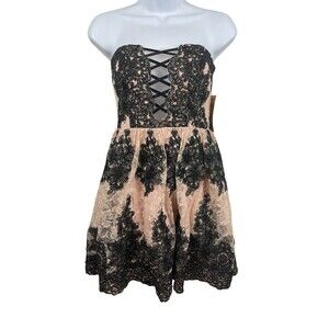 Trixie Pink Blk Sequined Floral Strapless Fit & Flare Party Formal Dress 3 NWT